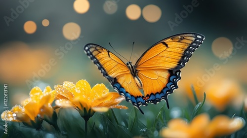 A vibrant orange butterfly perched on yellow flowers with a soft, dreamy background.