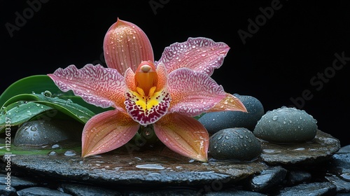 A vibrant orchid flower with dew on stones, set against a dark background for a serene effect.