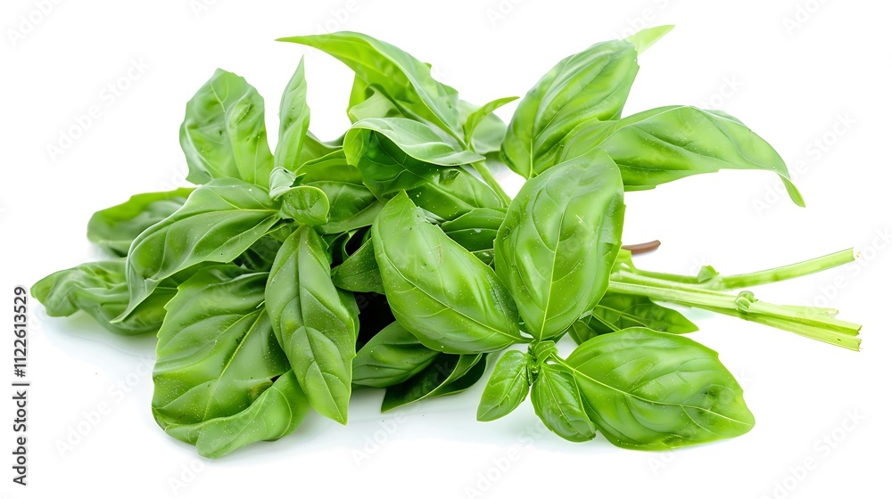 A bunch of fresh basil leaves with long green stems, isolated on a white background. A bunch of fresh basil leaves with long green stems, isolated on a white background.