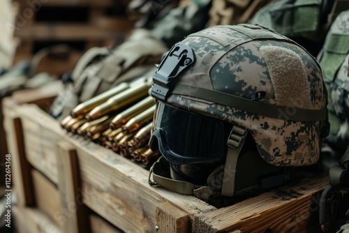 Close-up of military helmet and ammunition in a wooden crate showcasing tactical equipment photo