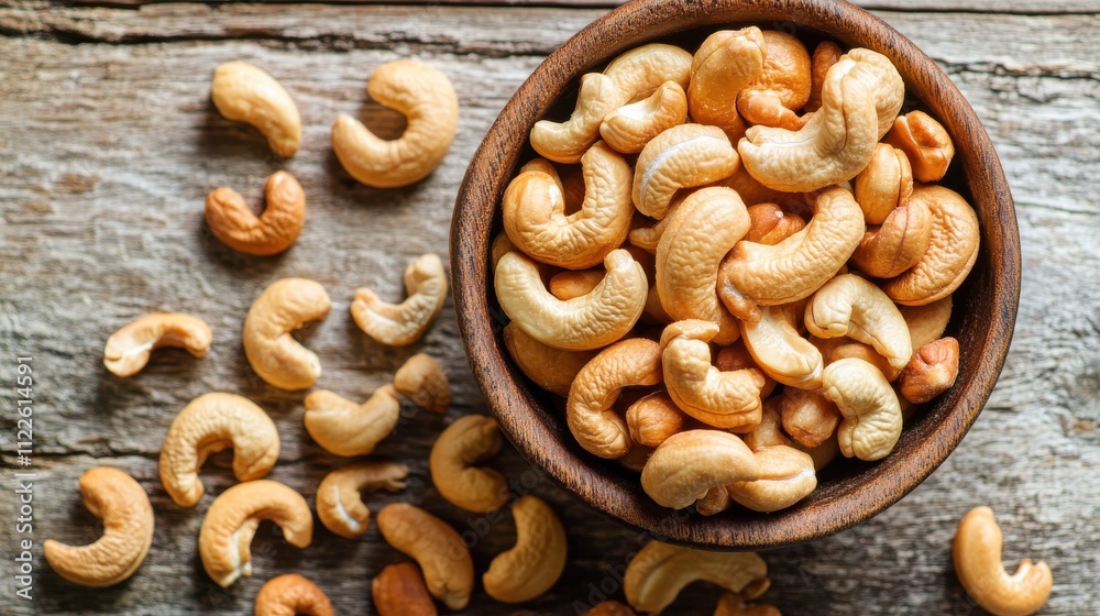 Bowl of Raw Cashew Nuts on Rustic Wooden Table with Cashews Scattered Around, Perfect for Healthy Snacking and Culinary Uses in Various Dishes Bowl of Raw Cashew Nuts on Rustic Wooden Table with Cashews Scattered Around, Perfect for Healthy Snacking and Culinary Uses in Various Dishes
