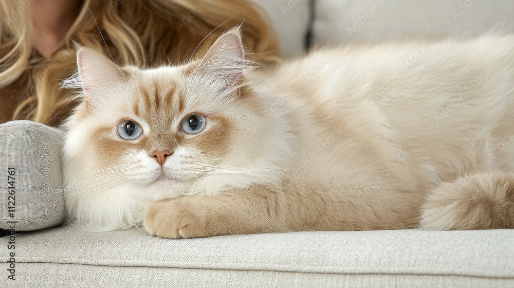 Obraz premium Fluffy Cream Cat Relaxing on a Cozy Sofa Home Interior Pet Animal