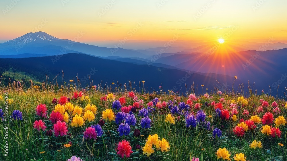 Obraz premium A vibrant sunset over mountains adorned with colorful wildflowers.