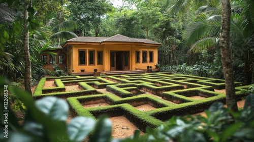 A vibrant yellow house surrounded by a maze-like garden in a lush tropical setting.