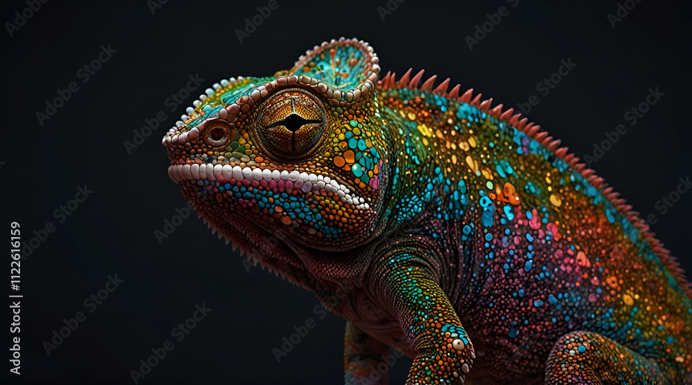 Fototapeta premium portrait of a chameleon on black. Genrative.ai