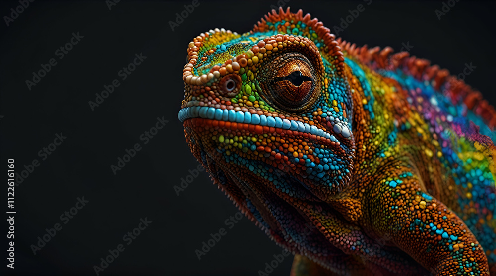 Obraz premium portrait of a chameleon on black. Genrative.ai