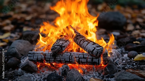 A warm campfire crackling with logs and glowing embers amidst stones and autumn leaves.