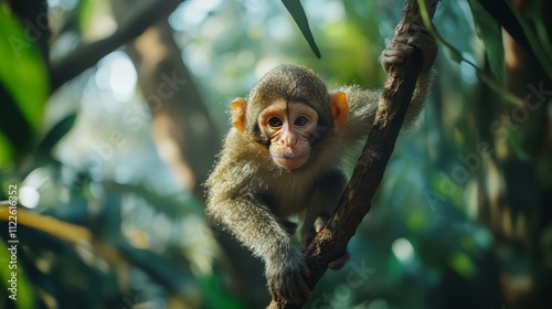 A monkey swinging through the treetops, moving effortlessly from branch to branch photo