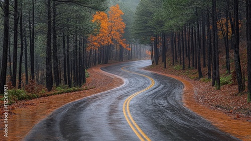 A winding road through a forest during autumn rain, showcasing vibrant fall foliage.