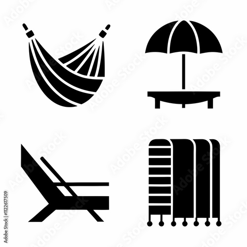 Relaxation Icons Hammock, Beach Umbrella, Lounger, Beach Towel