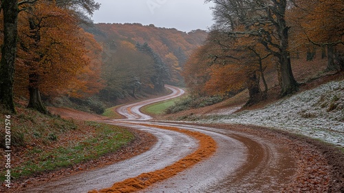 A winding road through an autumn forest, showcasing vibrant foliage and a tranquil atmosphere.
