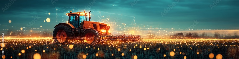 Obraz premium Glowing Tractor in High-Tech Agriculture Environment