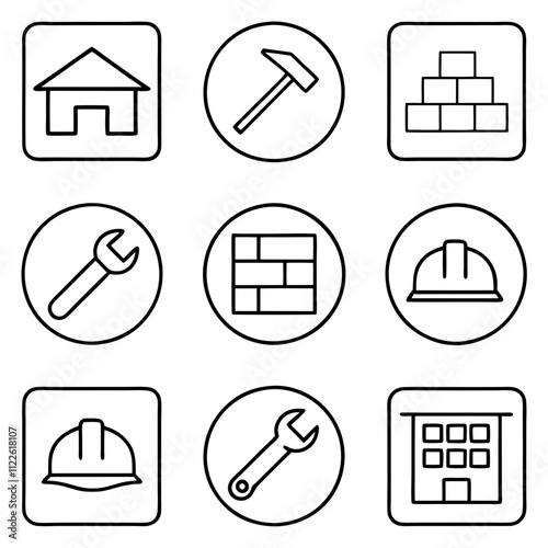 Construction Icons House, Hammer, Bricks, Tools, Building, Safety