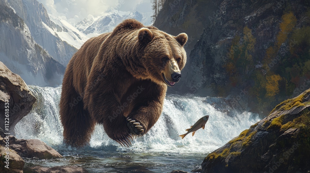 Obraz premium A powerful grizzly bear standing by a river, catching fish with its massive paws