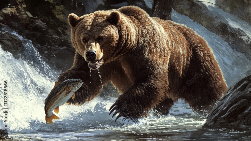 Obraz premium A powerful grizzly bear standing by a river, catching fish with its massive paws