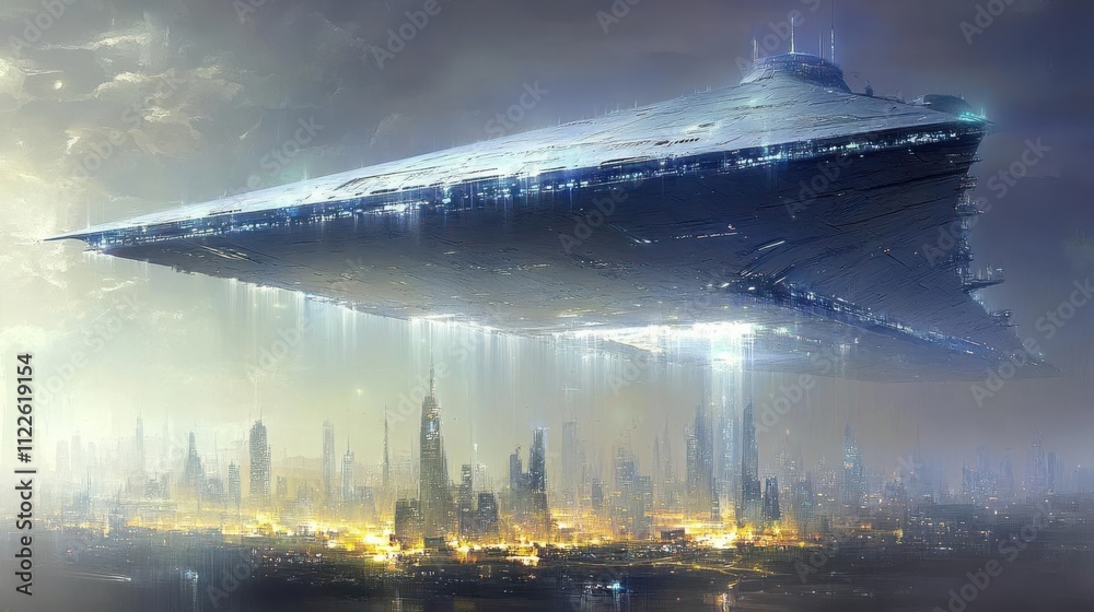Fototapeta premium A massive futuristic spaceship hovers over a glowing cityscape at dusk.