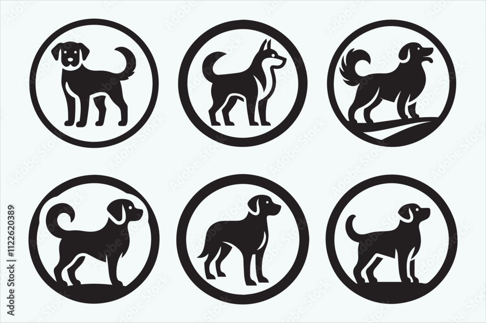 Obraz premium Set of dogs circle silhouette elegant canine pets in flat vector art