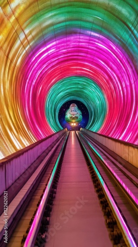 A vibrant tunnel illuminated with colorful lights leading to a central figure. photo