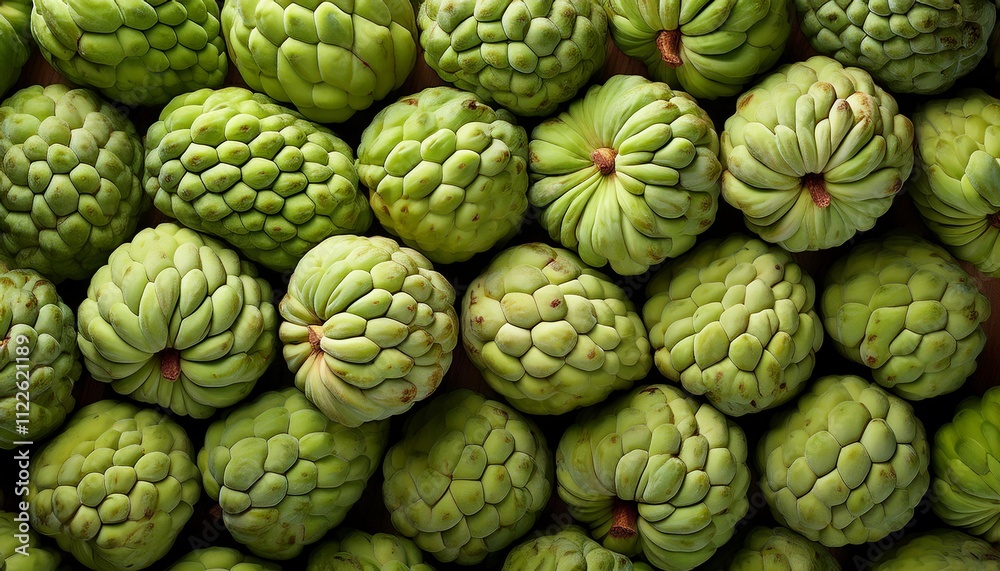 Fototapeta premium Flat Lay Top View of Bright Ripe Fragrant Green Sugar apple Fruit as Background