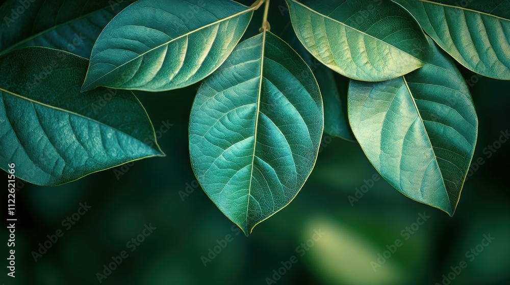 Fototapeta premium Close-up of lush green leaves with intricate textures and vibrant colors.