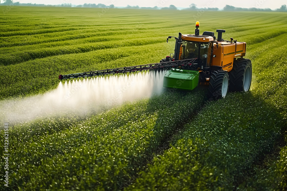Fototapeta premium Tractor spraying pesticides in agriculture fields.