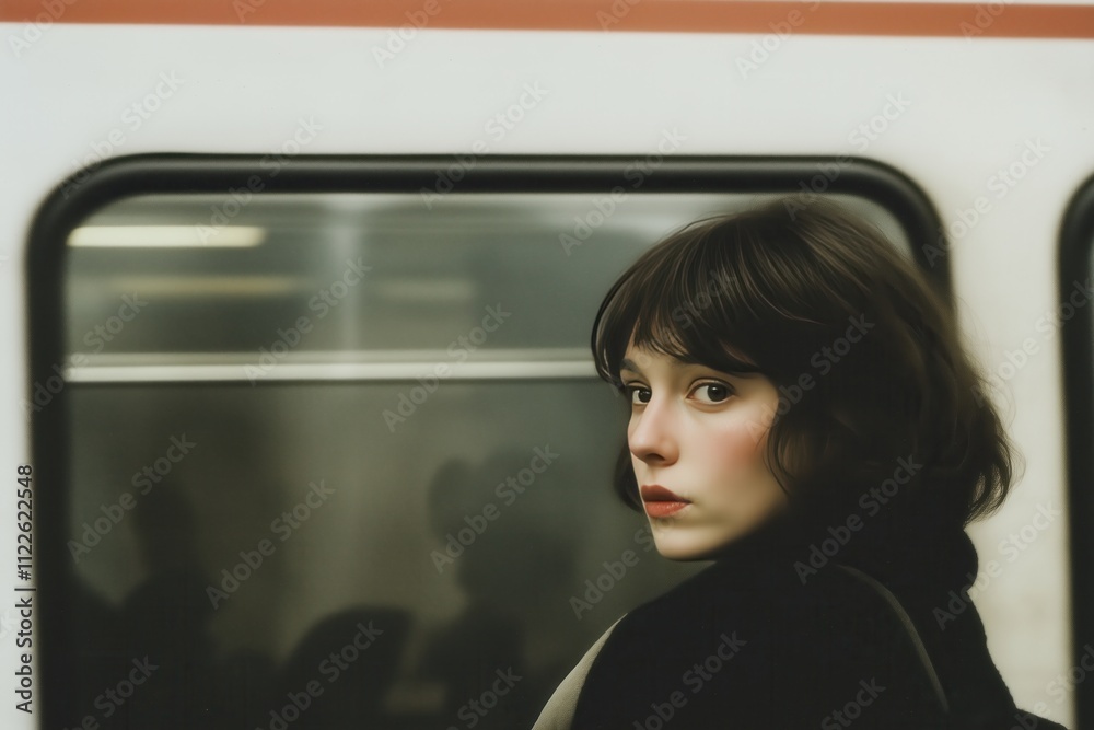 A young woman in subway train looking back. Concept of urban solitude and loneliness.