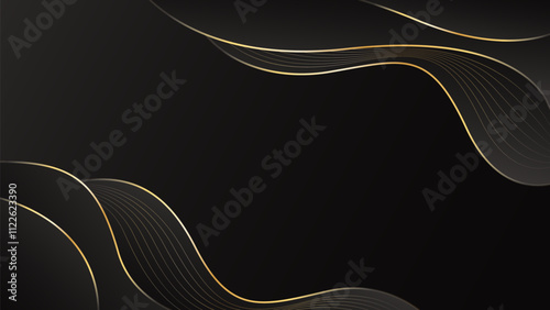 Abstract black luxury background with gold lines. Elegant wave modern wallpaper. Template banner background for sales, ads, events, awards, web, pages, and others
