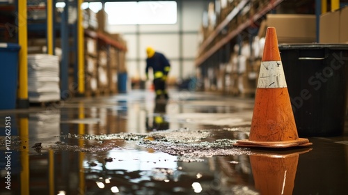 A staged scene of a worker slipping on an oil spill in a warehouse, safety warning cones visible nearby