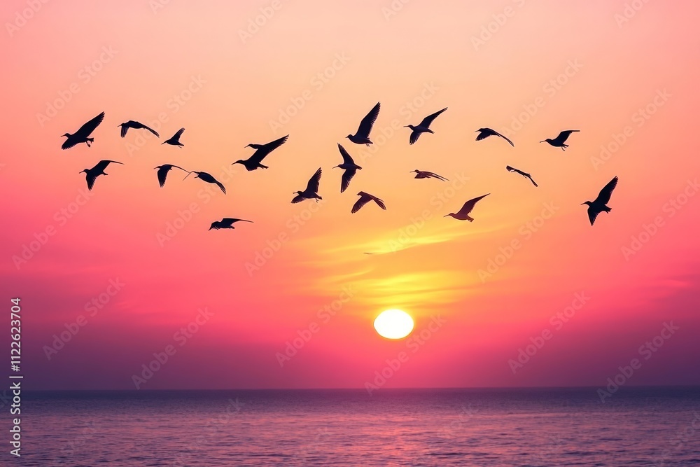 Fototapeta premium Birds flying in formation, silhouetted against the backdrop of a pink and orange sky at dusk
