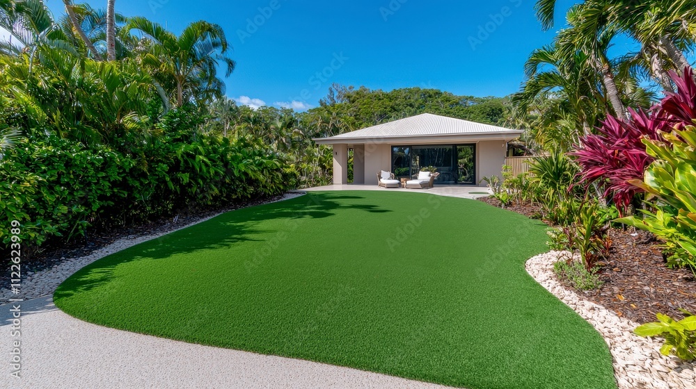 Fototapeta premium Luxury Modern House Tropical Garden Artificial Turf Lawn Outdoor Living Space