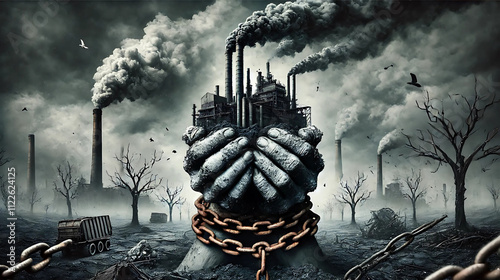 Hand of a man holding a skull against a polluted city skyline with smoking chimneys under an orange sunset