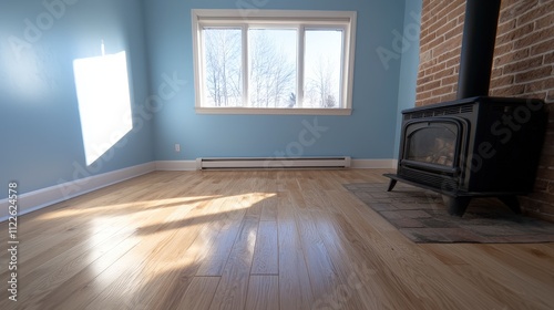 Wallpaper Mural Bright Living Room with Hardwood Floor  Wood Stove  and Large Window Torontodigital.ca