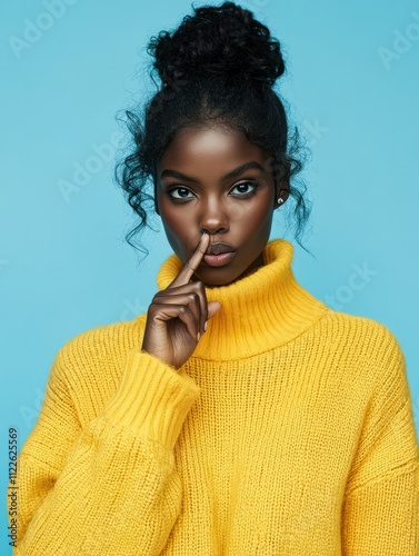 Studio shot of quiet dark skinned lady keeps fore finger over lips, makes silence gesture, gossips with friend, wears yellow sweater, says hush, isolated over blue studio wall with blank space photo