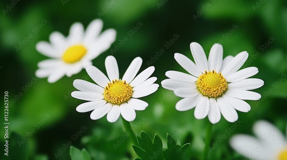 Fototapeta premium A close-up of three white daisies with yellow centers, surrounded by lush green foliage.