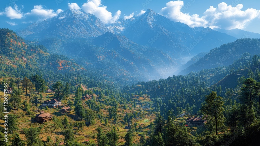 Fototapeta premium Scenic view of majestic mountains and lush valleys under a clear blue sky.