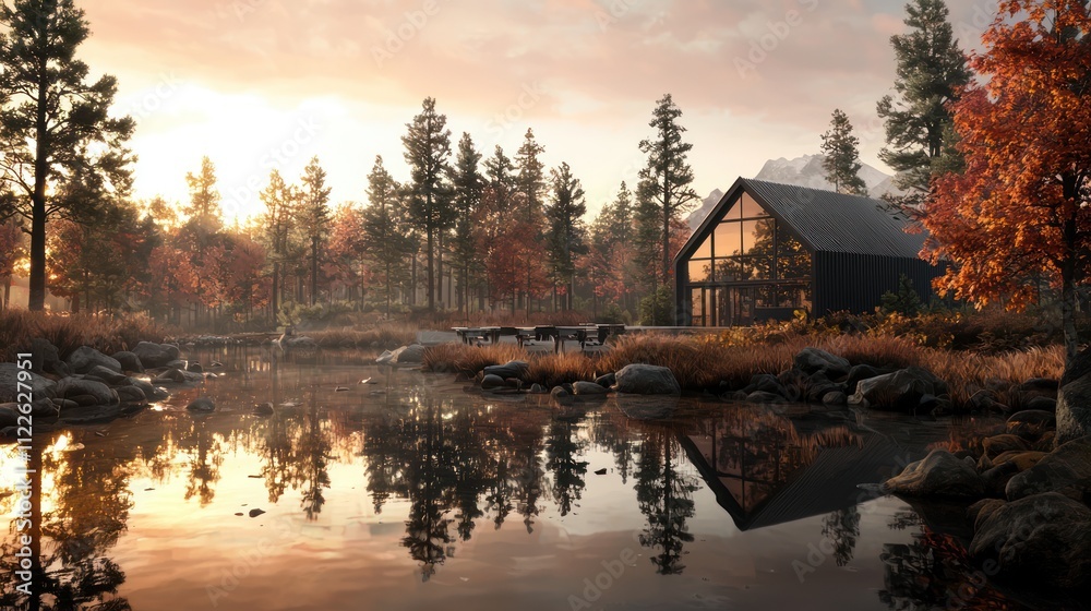 Obraz premium A serene lakeside cabin surrounded by autumn foliage, reflecting the warm hues of a sunset in a tranquil natural setting.