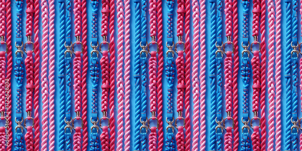 Fototapeta premium Vibrant blue and red rope pattern seamlessly interwoven with metal clips
