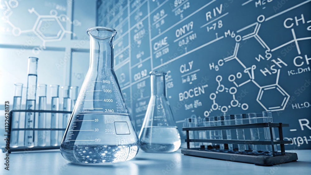 Naklejka premium Modern Laboratory with Graduated Flask and Chemical Equations V6