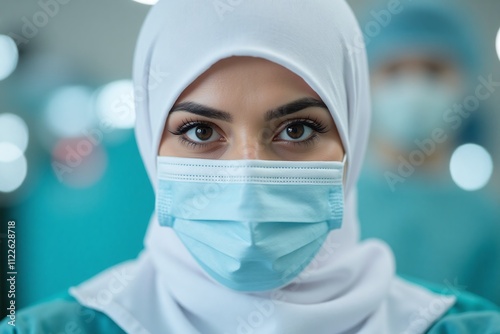 portrait of a female Muslim surgeon with operation theatre in background