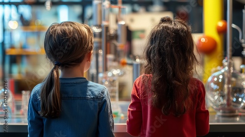 Two children observing interactive science exhibit at museum, back view photo