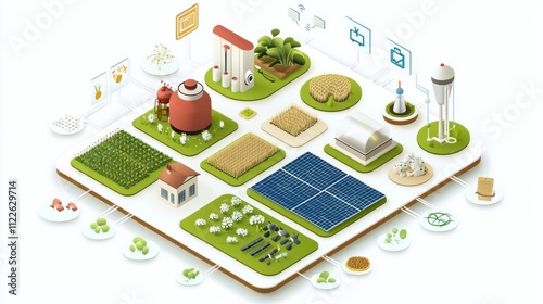 A colorful illustration depicting a modern agricultural landscape with diverse crops, structures, and solar panels emphasizing sustainable farming practices.