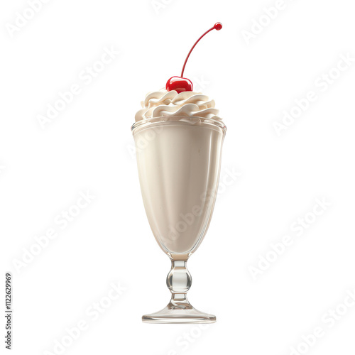 A classic milkshake topped with whipped cream and a cherry in a tall glass.