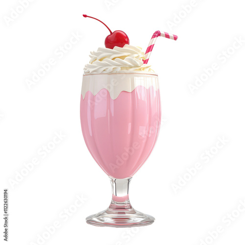 A pink milkshake topped with whipped cream and a cherry, served in a glass with a straw.