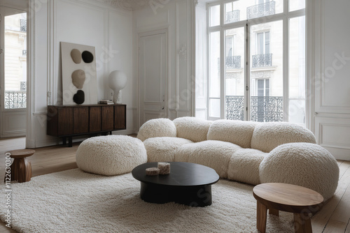 Elegant French Living Room: Oversized Cream Sofa, Beige Walls, Luxury Minimalist Design