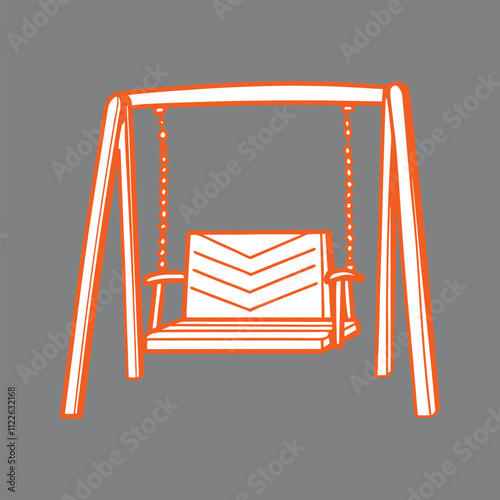 Minimalist porch swing illustration bright orange and white color scheme 
simple geometric shapes outdoor furniture design 2D vector graphic style
suspended bench seat iconic summer relaxation symbol