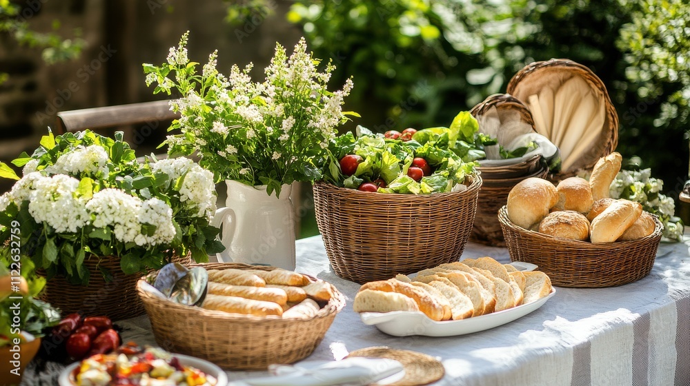 Rustic Outdoor Dining Table with Fresh Bread and Colorful Flowers Rustic Outdoor Dining Table with Fresh Bread and Colorful Flowers