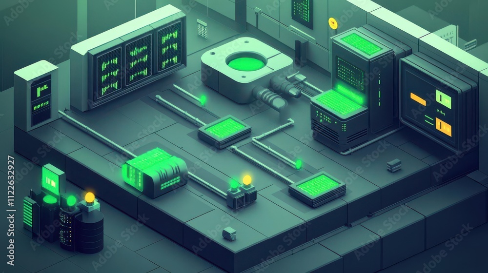 Obraz premium A futuristic control room with glowing green elements and technology interfaces.