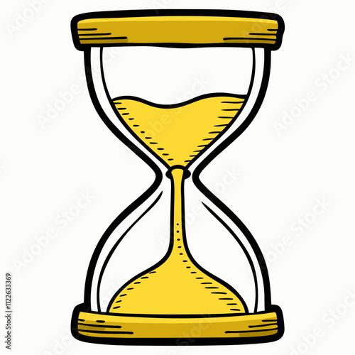 An hourglass with yellow and black outlines in doddle art style on a white background