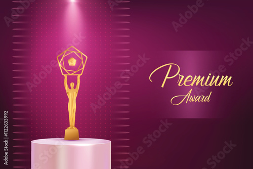 Golden Premium Luxury Award With Glowing Spotlight Beam On Pink Background. Royal Ethnic Theme Elements Concept Design Vector Illustration For Grand Music Concert, Movie, Party, Festival Celebration 