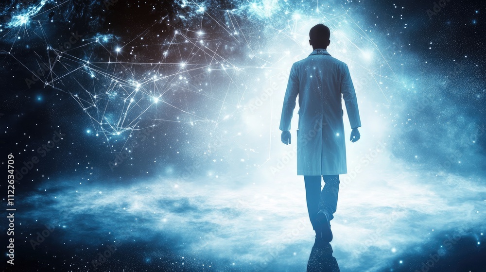 Fototapeta premium Futuristic Medicine: Doctor Walking into a Digital Networked Universe